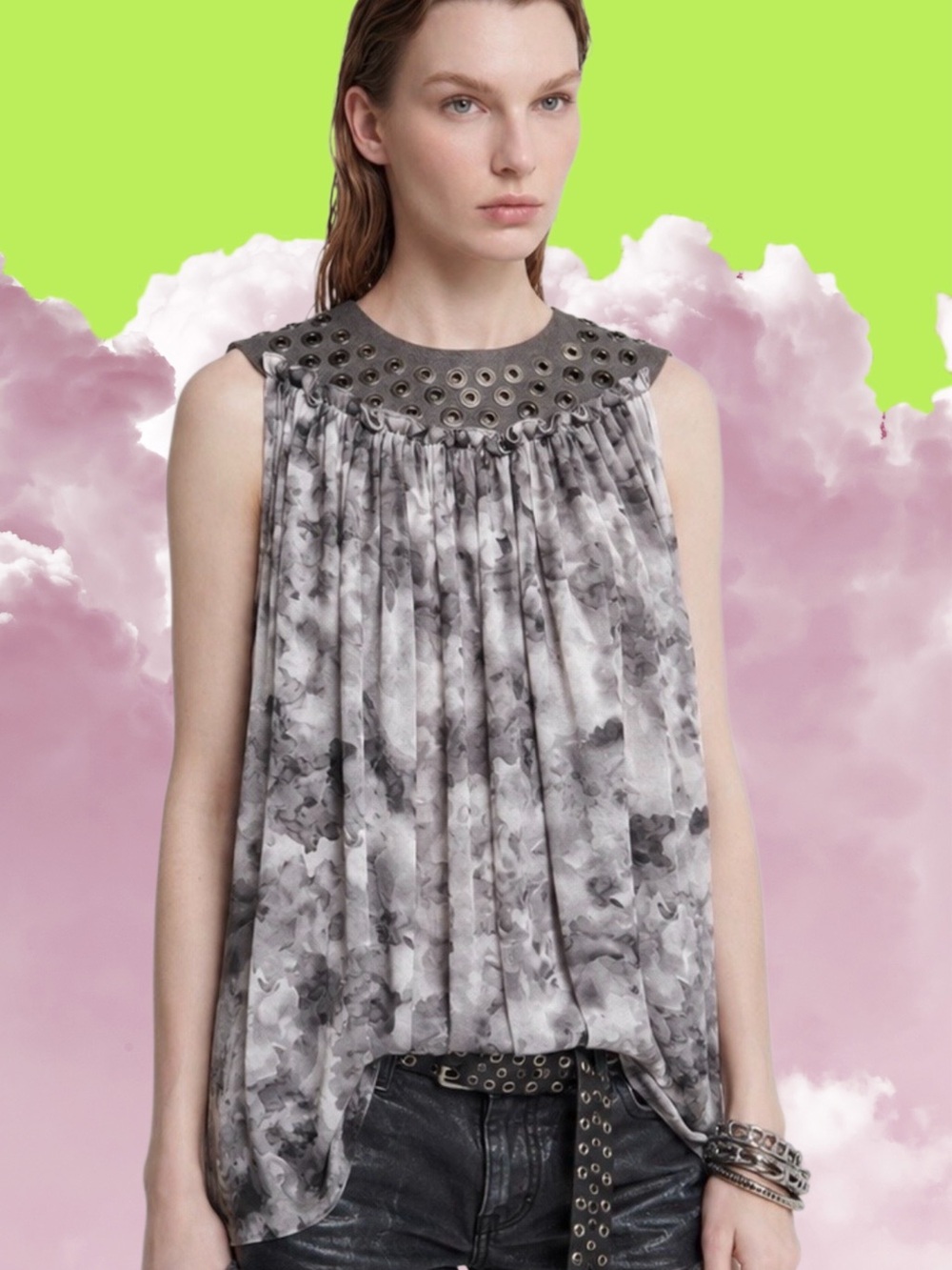 Thomas Wylde Silk and Suede Grommet Sleeveless Gray Top